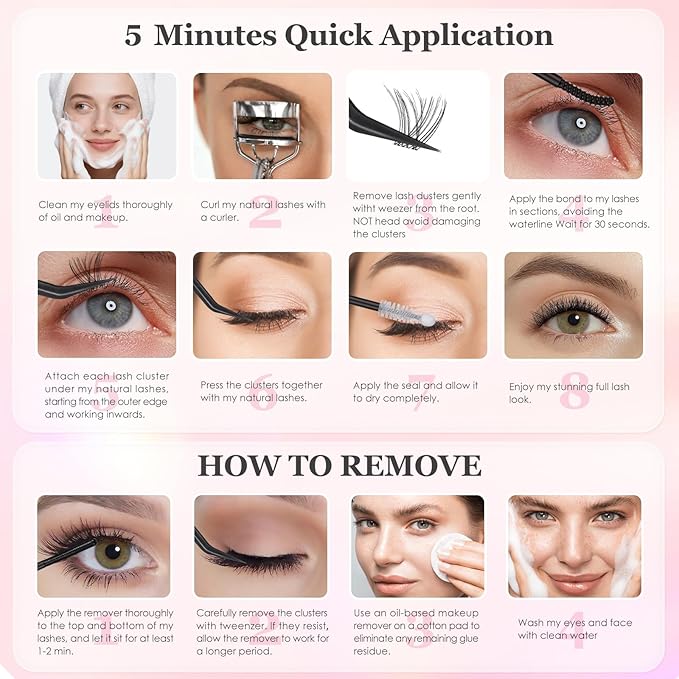 Natural Wispy Soft Lash Clusters Kit with 0.05mm Invisible Band, C Curl 8-16mm, DIY Salon Eyelash Extensions with Bond Seal Remover Tweezer, FayJoo AIRY 11 Kit
