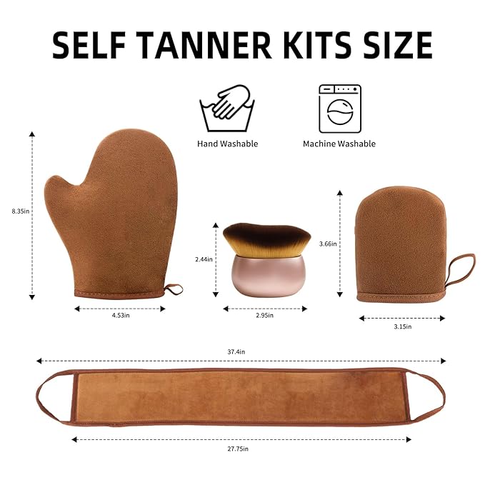 Premium Self-Tanning Kit – 4-Piece Professional Tan Applicator Set with 2 Mitts, Back Strap & Kabuki Brush | Streak-Free Fake Tan Mitt for Body & Face | Vegan Leather, Waterproof