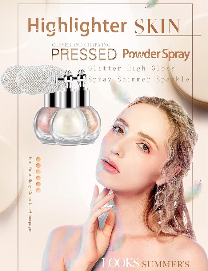 Highlighter Powder Spray, Ksndurn Violet Pink Glitter High Gloss Spray - Shimmer Sparkle Powder Makeup Spray