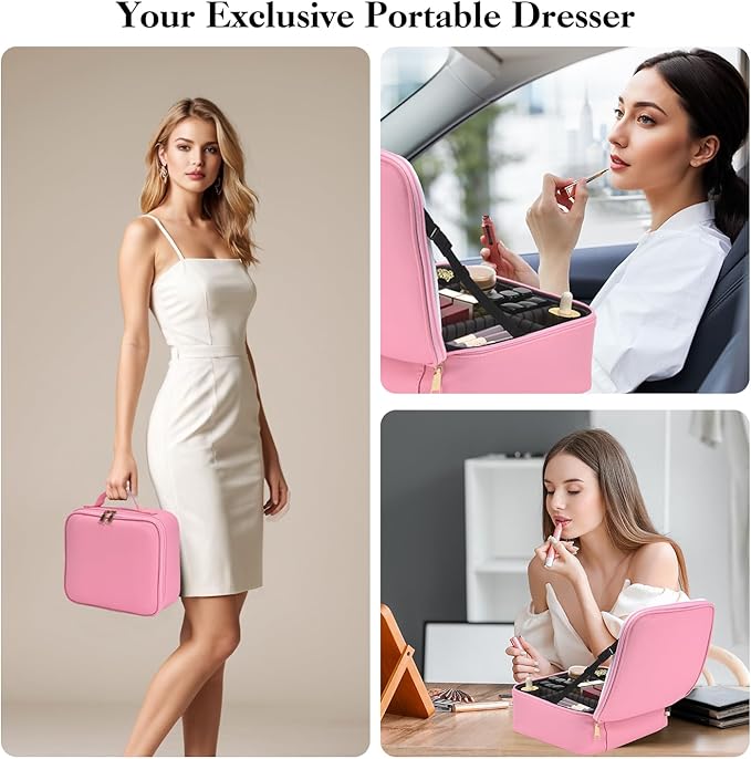 Travel Makeup Bag With LED Mirror,Cosmetic Train Case with 3 Color Setting,Cosmetic Makeup Organizer Bag with Adjustable Dividers,Portable Make up Box with Make up Brushes Holder Storage(Pink)