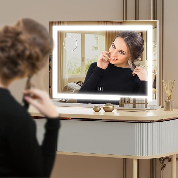 Makeup Vanity Mirror with Lights 20" L x 26" W Large LED Makeup Mirror, Light up Mirror with 10X Magnification and USB Charging Port, Dimmable 3 Modes, Touch Screen Control White