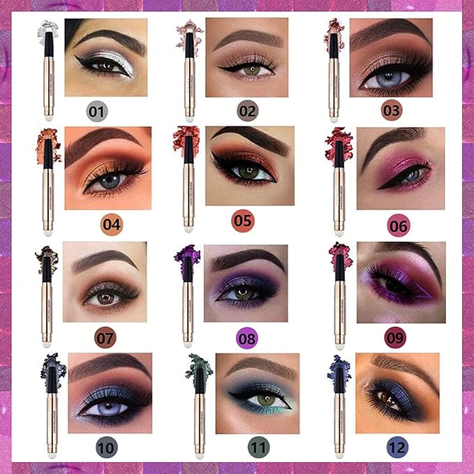 2 in 1 eyeshadow stick and Sponge Makeup Brush, Smooth Cream Shimmer Shadow Pencil Long Lasting Waterproof Eye Shadow Highlighter Stick Makeup , HypoallergenicHighlighter Multi-Dimensional eyes Look