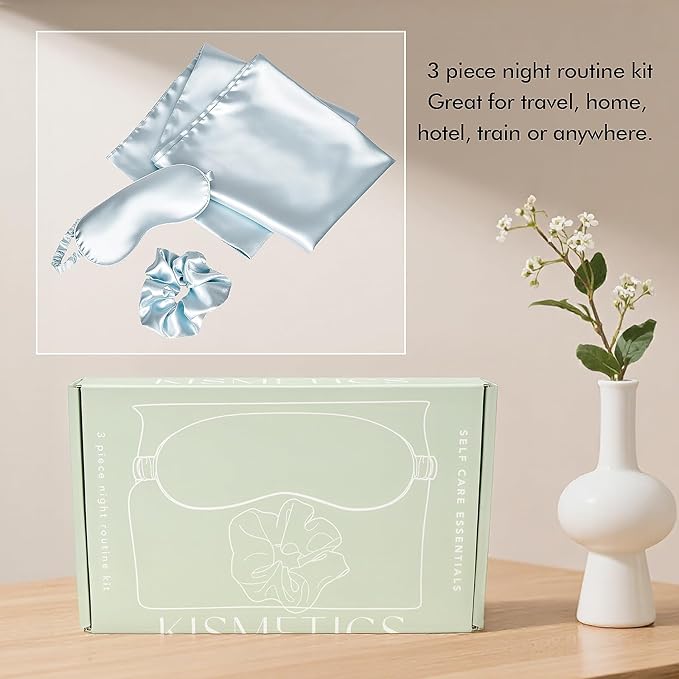 KISMETICS - Vegan Silk Sleep Set, Vegan Silk Pillowcase with Large Scrunchie and Eye Mask for Hair and Skin, Self Care Essential Satin Night Routine Kit (Light Blue Color)
