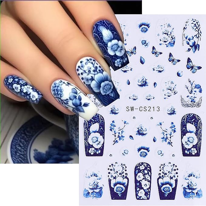 6 Sheets Flowers Nail Art Stickers Decals 3D Self Adhesive Nail Design Stickers Pink Blue White Spring Peach Blossom Flower Daisy Nail Decals for Women Girls DIY Manicure Tip Flowers Nail Decoration