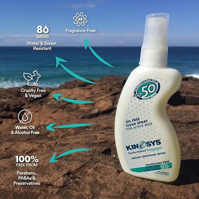 KINeSYS Fragrance Free Clear Spray Sunscreen for sensitive skin, SPF 50, Hypoallergenic, Broad Spectrum UVA/UVB protection for Face & Body; PABA and Oxybenzone FREE, 700+ Sprays, 4 Fl Oz/120 mL