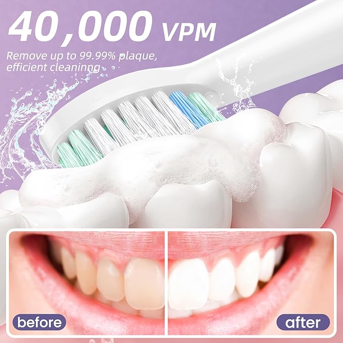 YUNCHI Electric Toothbrush Birthday/Valentine Plastic 8 Heads 24-Mo Deep Cleans Gentle Gums Removes Stains 3Hr USB-C 90d 2-Min Timer/30s IPX7 - Purple