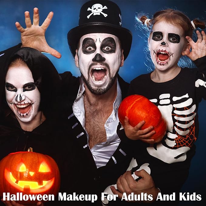 MEICOLY 7Pcs Halloween Makeup Kit,Black White Face Paint Clown White Makeup with Setting Powder,Classic Pro Oil Based Face Body Paint for Unisex Adult, SFX Joker Zombie Vampire Skull Skeleton Makeup