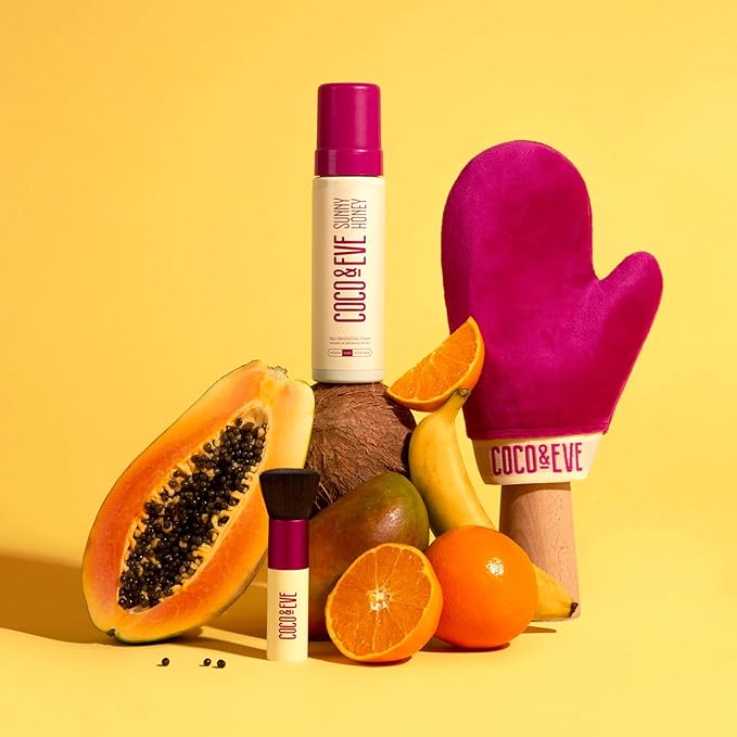 Coco & Eve Sunny Honey Bali Bronzing Bundle (Ultra Dark). All Natural Sunless Tanning Mousse. Instant Self Tanning Lotion with Bronzer, Mitt Applicator and Kabuki Brush.