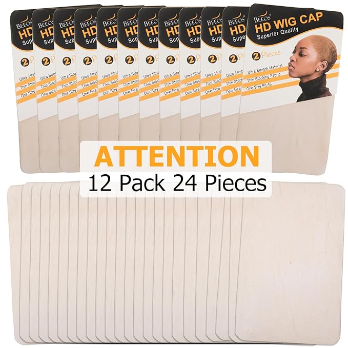 BEEOS Nude SKINLIKE HD Wig Cap, 24 Pieces Invisible and Sheer Breathable Ultra-thin Stretchy Stocking Caps for Lace Front Wigs, Bald Cap for Women