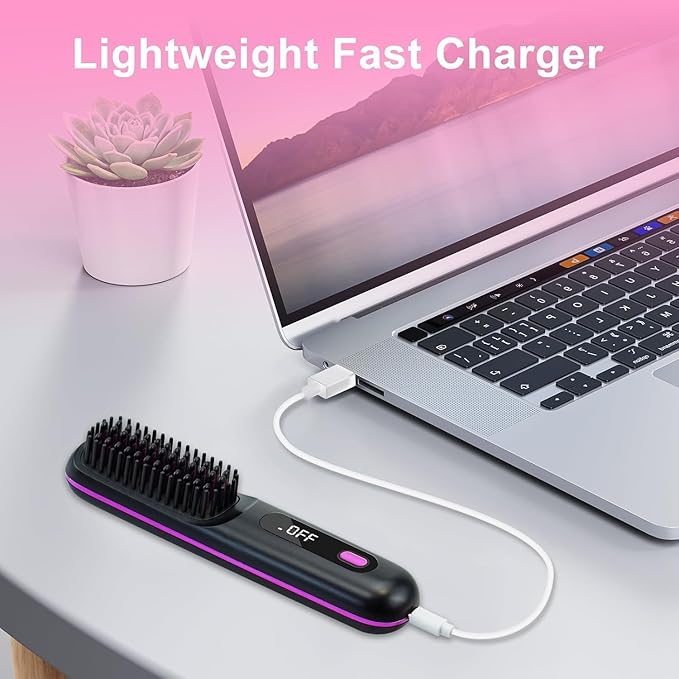 Go Brush Pro - Cordless Hair Straightener, USB Charging, Fast Heating, with LCD Display, Brush Portable Comb for Travel for All Hair Types