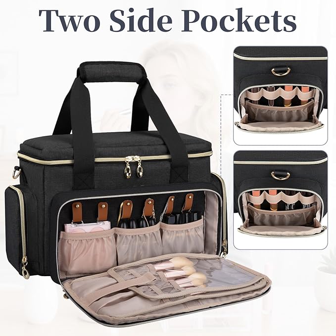 GDNasist Large Makeup Bag, Portable Travel Makeup Bag Organizer for Women Girls with 2 Removable Pouches & Detachable Dividers, Cosmetic Travel Bag, Toiletry Bag for Makeup and Hair Supplies Black
