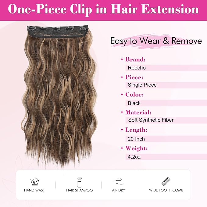 REECHO Clip in Hair Extensions, 20” One Piece Hair Extension Clip in Wefts Long Thick Beach Wavy Natural Soft Synthetic Hairpieces for Women, Chocolate Brown with Blonde Highlights