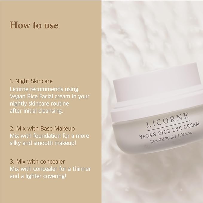 LICORNE Vegan Rice Eye Cream, De-Puffing & Dark Circles Under Eye Treatment, Thick Butter Texture with Icheon Royal Rice & AHA/PHA for Wrinkles, Large 1.01 fl oz (30ml)