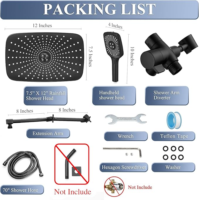 Jcrob High Pressure Rain Shower Head with Handheld Spray Combo, 12 Inch Rainfall Shower Heads with Adjustable Extention Arm, Wide Dual Waterfall Showerhead with 3-Way Diverter(Matte Black)