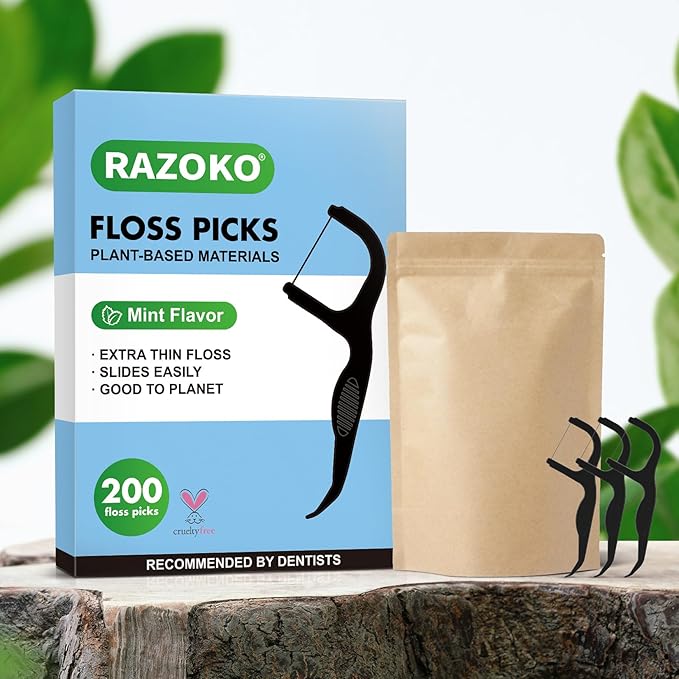 RAZOKO Biodegradable Dental Floss Picks, Charcoal Toothpick Stick Soft On Gum & Teeth, Plant Based Dental Floss Picks for Adults & Kids 200 Count