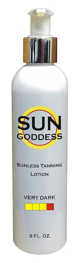 SUN GODDESS - Sunless Self Tanning Lotion - VERY DARK - 8 oz + INCLUDES: Applicator Mitt, Application Gloves, Best Fake Tanner Lotion Mousse Spray Sample – Gorgeous, Natural Looking Tan Lasts 7 Days