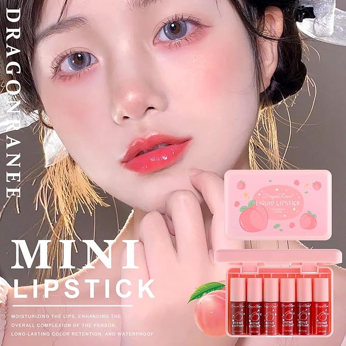6 Colors Lip Tint Stain Set, Korean Lip Tint, Multi-use Lip and Cheek Tint Watery Lip Stain Long Lasting Waterproof, Lightweight, Non-sticky, High Pigment (Peach)