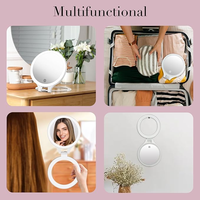 Magnifying Mirror with Light 10X/1X, Double Sided travel mirror with light, Rechargeable makeup mirror with 3 color setting Adjustable stand Lighted mirror Vanity Portable Desk Cosmetic Mirror