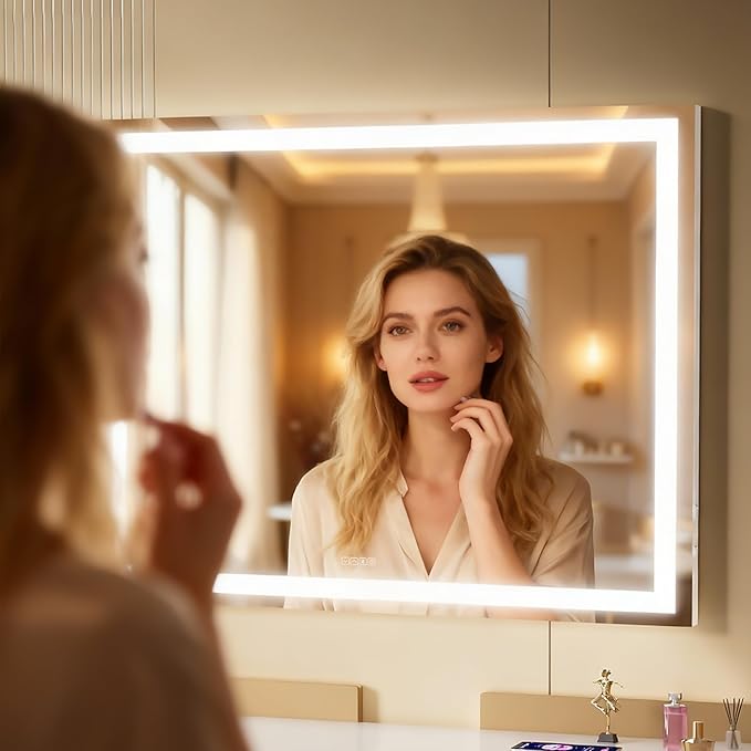 MINISO Vanity Mirror with Lights,47.2"x29.5"LED Makeup Mirror with Bluetooth Speaker,Touch Sensor,3 Light Colors,Dimmable,Metal Frame,with 10X Magnifying Glass,Rectangular White