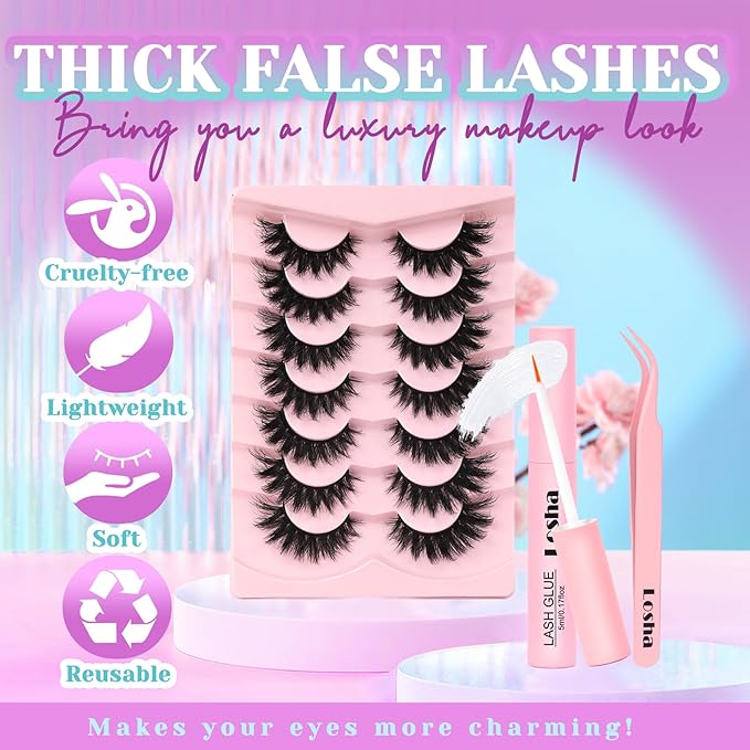 Losha Lashes Kit Volume False Eyelashes Fluffy Cat Eye Lashes 7 Pairs Crisscross Lashes Strips 8-18mm Thick Fake Eyelashes 3D Faux Mink Lashes (FC03 Kit)