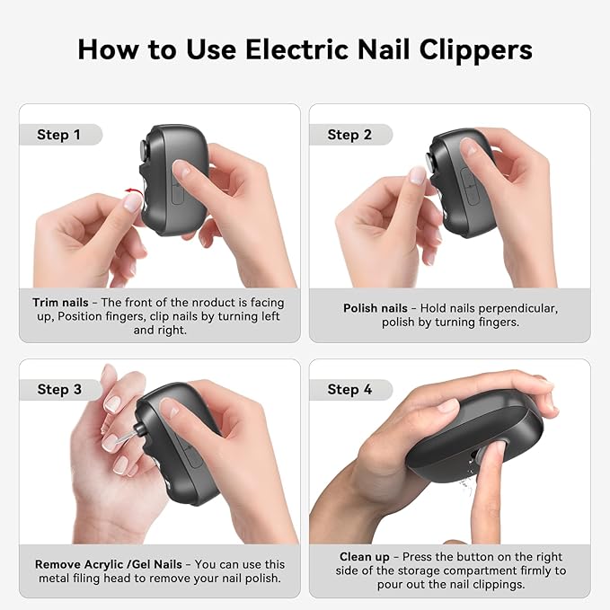 Electric Nail Clipper Fingernail Trimmer: 3-in-1 Automatic Nail Polisher with LED Light, Clip Storage, 2-Speed, Rechargeable Smart Nails Cutter Easy to Use for Seniors, Baby, Adult, Kids, Black