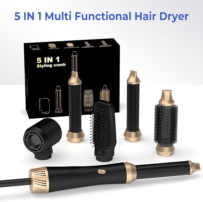5 in 1 Hair Dryer Brush, Blow Dryer Brush Set with Air Curler Wrap Hair Styler, Negative Ionic Blow Dry Brush, Detachable Hair Tool for Curling, Volumizer,Straightener,Drying