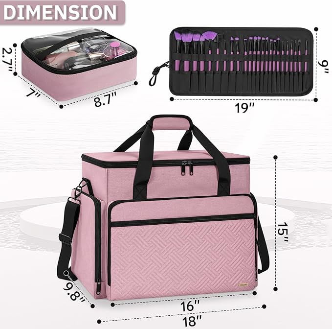 FREEAMG Extra Large Makeup Case with 4 Removable Pouches, Professional Make up Train Case,Travel Cosmetic Bag for Hairstylists Nail Tech Makeup Artist with Shoulder Strap and Handle (Pink)(Bag only)