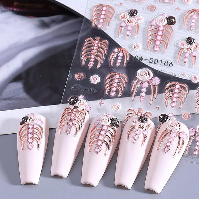 3 Sheets Halloween Nail Stickers for Nail Art 5D Embossed Halloween Skull & Skeleton Nail Art Stickers Decals Gothic Nails Design Rose Gold Hand Bone Nail Supplies for Women Holiday Nails