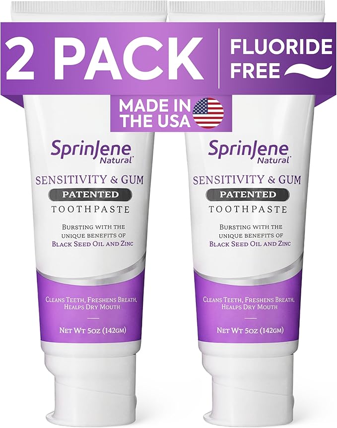 SprinJene Natural Fluoride Free Toothpaste for Sensitive Teeth & Gums – Patented Toothpaste with Black Seed Oil & Zinc – Vegan Dry Mouth Prevention for Fresh Breath – Made in The USA (2 Pack)