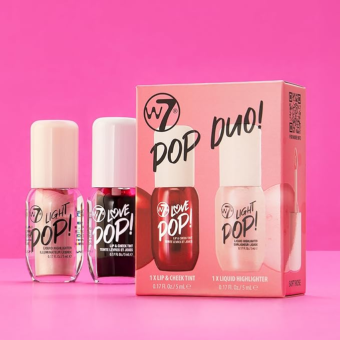 W7 Pop Duo Makeup Set - Love Pop Lip & Cheek Tint + Light Pop Liquid Highlighter - Buildable Colour, Juicy Tint & Glow
