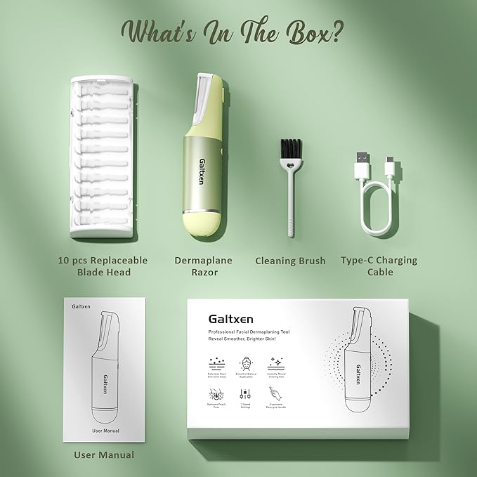 Sonic Dermaplane Razor for Women Face Beauty Face Epilator, Exfoliation & Peach Fuzz Facial Hair Removal for Women, Electric Face Razors Shaver Trimmer Anti-Aging 3 Speeds & 10 Refill Blades, Green