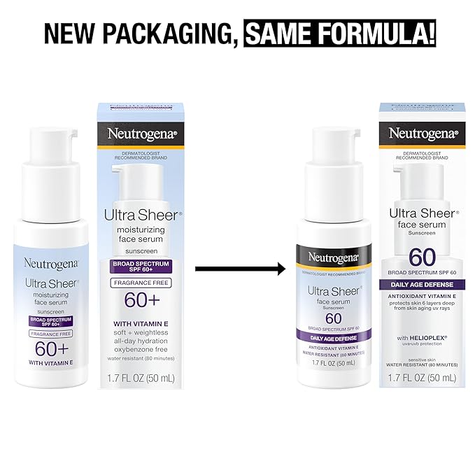 Neutrogena Ultra Sheer Moisturizing Face Serum with Vitamin E & SPF 60, All Day Facial Sunscreen Serum with Broad Spectrum UVA/UVB Protection, Fragrance-Free, Oxybenzone-Free, 1.7 Fl Oz