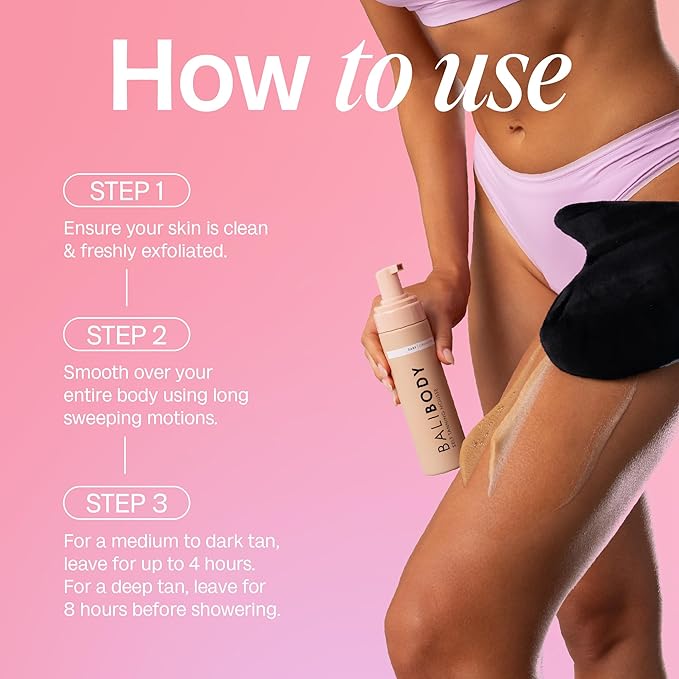 Bali Body Self Tanner Mousse Dark โ Sunless Tanning Foam for Body | Natural, Streak-Free, Fake Tan | Vegan, Cruelty-Free, Organic Self Tan Mousse for All Skin Types (200ml/6.7 fl oz)