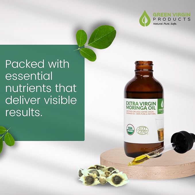 Organic Moringa Oil Bundle – Cold Pressed, Extra Virgin, 100% Pure, Food Grade – 4oz Full Size + 1oz Travel Bottle – Deep Moisturizing, Anti-Aging, Multi-Purpose Skin & Hair Oil