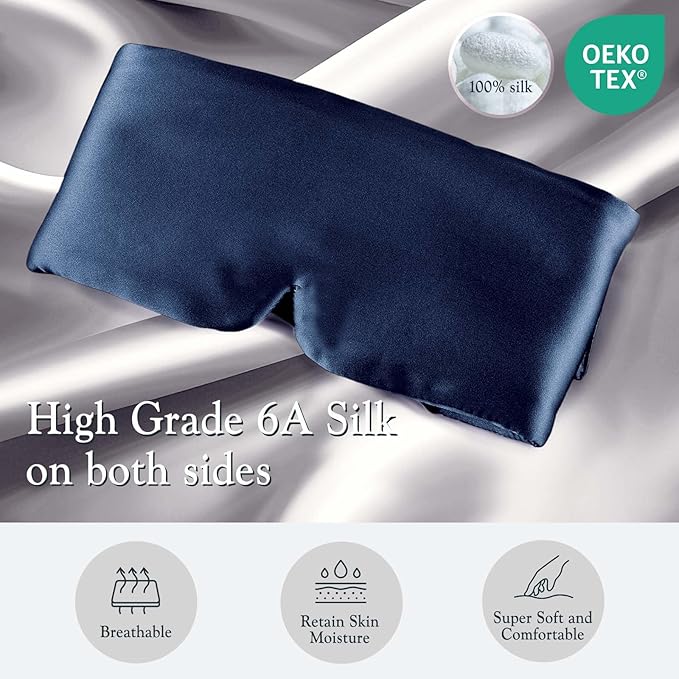 SOLZEK Nature Silk Sleeping Mask Soft Featherweight Eye Mask Large Wrap-Around Blindfold with Adjustable Velcro Blackout for Wild Sleeper Nose Cut (NavyBlue)