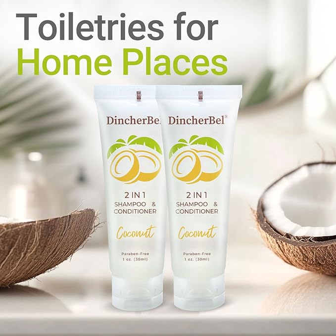 Travel Size 2 in 1 Shampoo & Conditioner, Refreshing Tropical Coconut Scent Shampoo Amenities - Small Hotel Toiletries in Bulk (1 Fl Oz, 100 Pack)