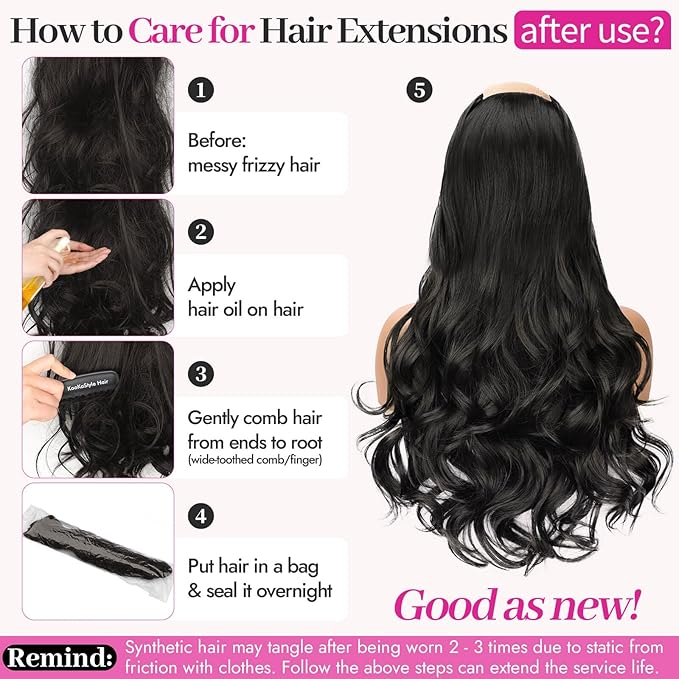KooKaStyle Clip In Hair Extensions, Natural Long Layered Soft Invisible Synthetic Curly Wavy Hairpieces for Women, 4 pcs (20 Inch, Natural Black)