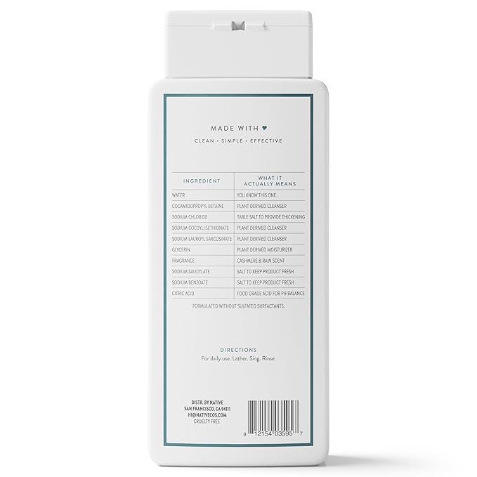 Native Body Wash Contains Naturally Derived Ingredients | For Women & Men, Sulfate, Paraben, & Dye Free Leaving Skin Soft and Hydrating | Cashmere & Rain 18 oz