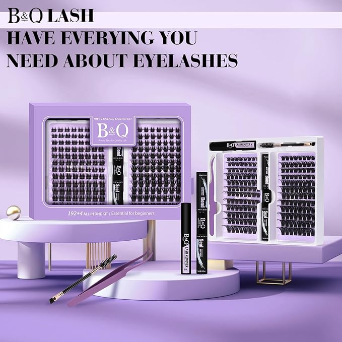 B&Qaugen Lash Extension Kit 192 PCS Eyelash Extension Kit D Curl Lash Clusters Kit Wispy Individual Lash Kit DIY Lash Extension Kit with Lash Glue and Remover Applications (B05+B06, Kit)