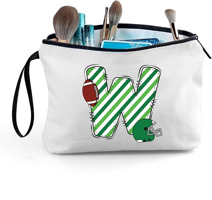 ARIOSEY Football Initial Birthday Graduation Gifts Cosmetic Travel Toiletry Bags Football Accessories Party Favors for Women Girls Daughter Niece Team Coach Friends -W