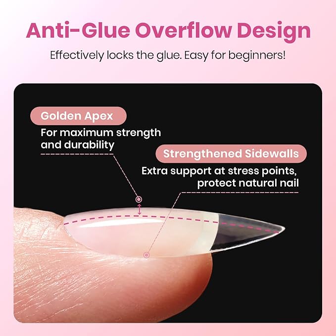 Beetles Gel Nail Tips Curve-EX Almond Short, 160pcs 16 Sizes, Etch-X Half Matte Full Cover Soft Acrylic False Clear Press on Nail Tips Easy DIY Nail Extension Art Salon for Curved & Natural Nail Beds
