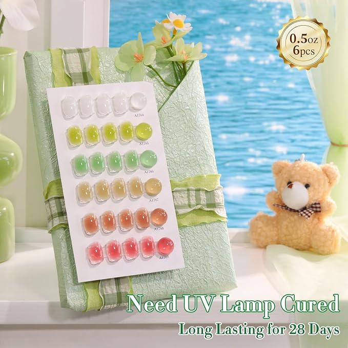 Double Rhythm 6 Pcs 15 ML Gel Polish Set Same Color Same Bottle Soak Off Gel Polish Kit Nail Art Manicure Salon DIY at Home (Jelly White Mint Green Olive Tea Brown Rose Red-T6-83)