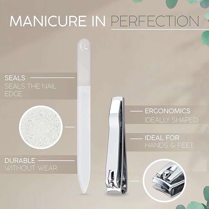 Manicure Set Women and Men – 12-Piece Professional Grooming Kit with Premium Tools, Genuine Leather Case, and Exclusive Glass Nail File for Hand & Foot Care, German Quality