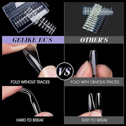 Gelike EC Short Square Nail Tips: Soft Gel False Nail Tips Full Cover for Nail Extensions - Acrylic Nails Professional Clear Gelly Tips False Press on Preshaped PMMA,12 Sizes, SHORT SQUARE 240PCS