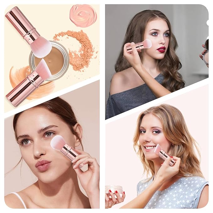 Keriloo Retractable Makeup Brush 2 Pack, Travel Kabuki Powder Makeup Brush, Foundation Face Blush Brushes for Blending Liquid, Blush, Bronzer, Buffing, Sunscreen,Flawless Cosmetics