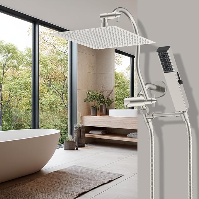 Hibbent All Metal cUPC Certified Shower Head, 12'' High Pressure Rainfall Showerhead Combo, Handheld Shower Wand, 12'' Adjustable Extension Arm, 4-Spray, 71'' Hose, Shower Holder, Brushed Nickel