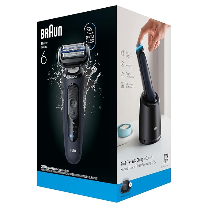 Braun Electric Razor for Men Series 6 with Precision Trimmer, Extra Shaver Head, 4-in-1 Clean & Charge Center, Travel Case, S6 6177ps