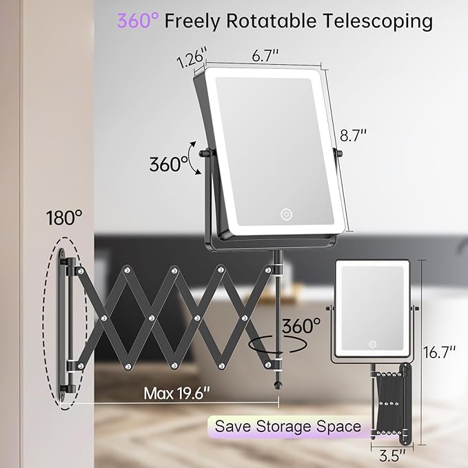FASCINATE 5000mAh Rechargeable Wall Mounted Makeup Mirror with Lights, 8.7 Inch Double Sided Touch Switch 1X 30X Magnifying Bathroom Mirror, 3 Color Lights, Extended Arm 360°Rotation (Black)