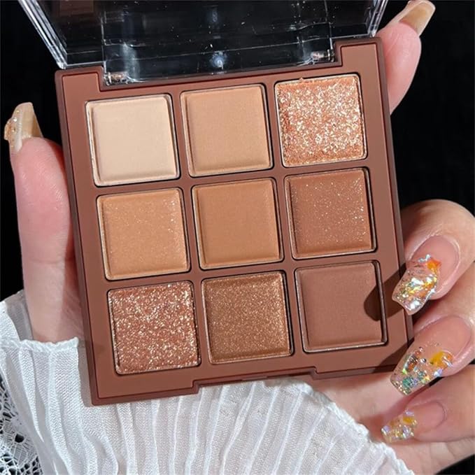 Erinde 9 Colors Eyeshadow Palette, Matte Shimmer Glitter Eye Shadow Palette Makeup, Highly Pigmented Long Lasting Waterproof, Natural Neutral Nude Eyeshadow Makeup Pallet, Chocolate Brown