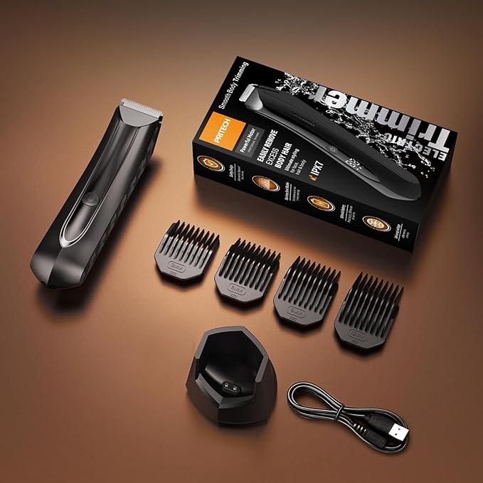PRITECH Body Hair Trimmer for Men - Rechargeable Trimmer for Mens with Ceramic Blade, Wet & Dry Mens Ball Trimmer with Standing Recharge Dock, Cordless Groin Hair Trimmer for Men